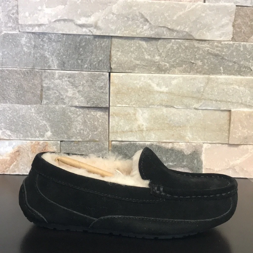 UGG Kids Black Suede Moccasin Slippers with Cream Shearling Lining